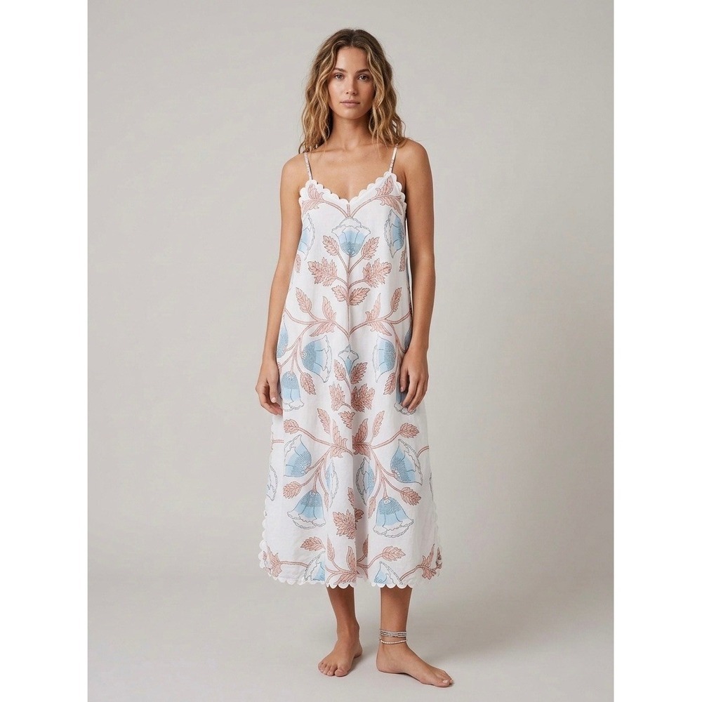 Juliet Dunn London Floral Scalloped Cotton Midi Dress White Blue Pink Size 0